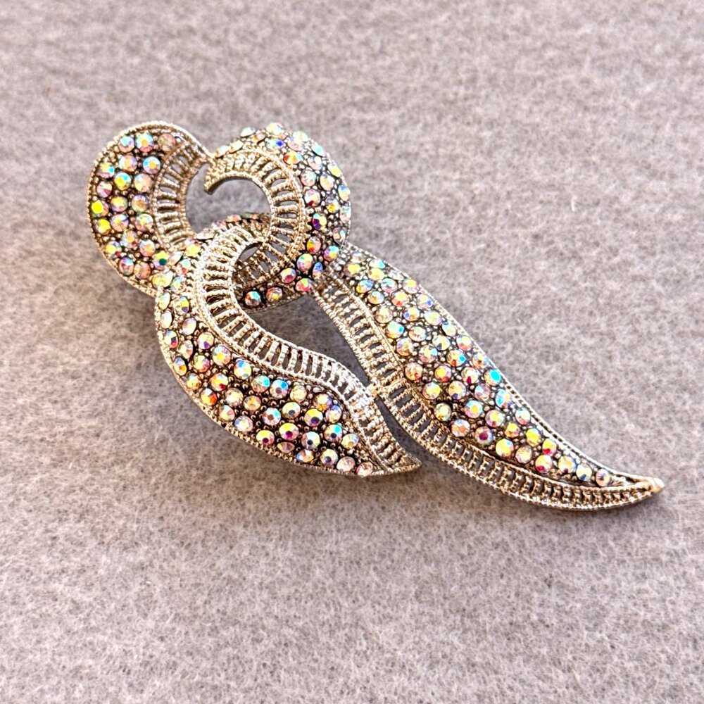 Brooch Ribbon Aurora Borealis Rhinestones Silver Tone Heavy Bling Sparkle - Picture 1 of 7